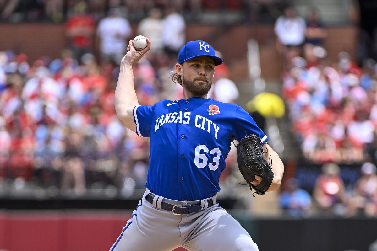 May 29, 2023; St. Louis, Missouri, USA; Kansas City Royals starting pitcher Josh Staumont (63) pitches against the St. Louis Cardinals during the first inning at Busch Stadium.