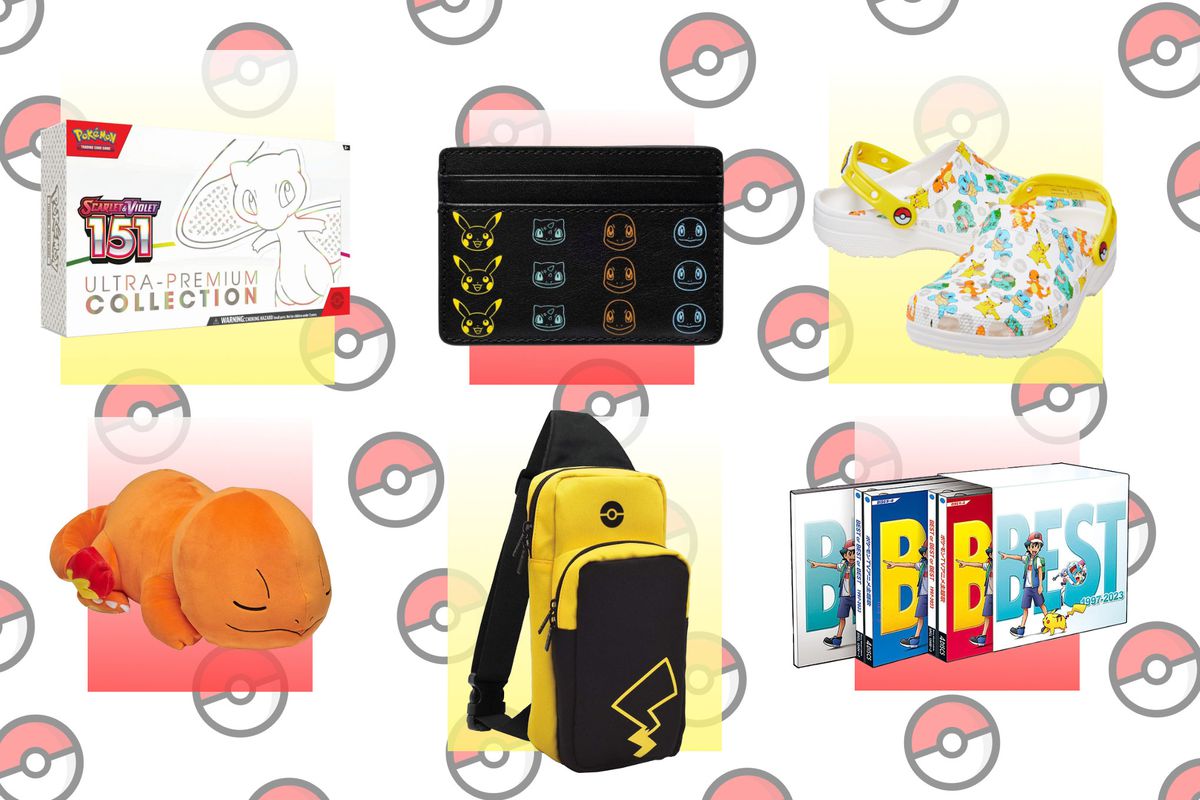 A collage consisting of multiple Pokémon-themed merchandise, including Crocs, Nintendo Switch holders, plushies, and more.