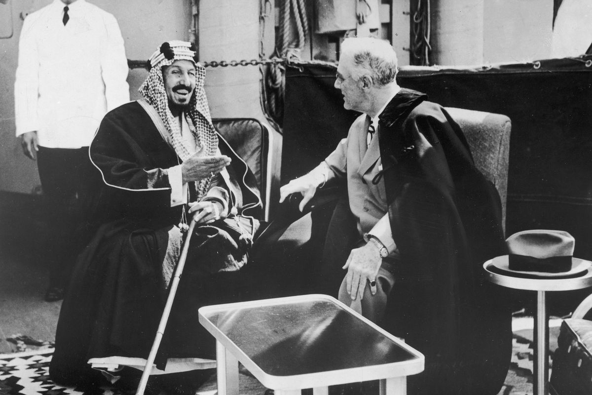 Former President Franklin D. Roosevelt meets with Saudi King Ibn Saud in Egypt on February 14, 1945.