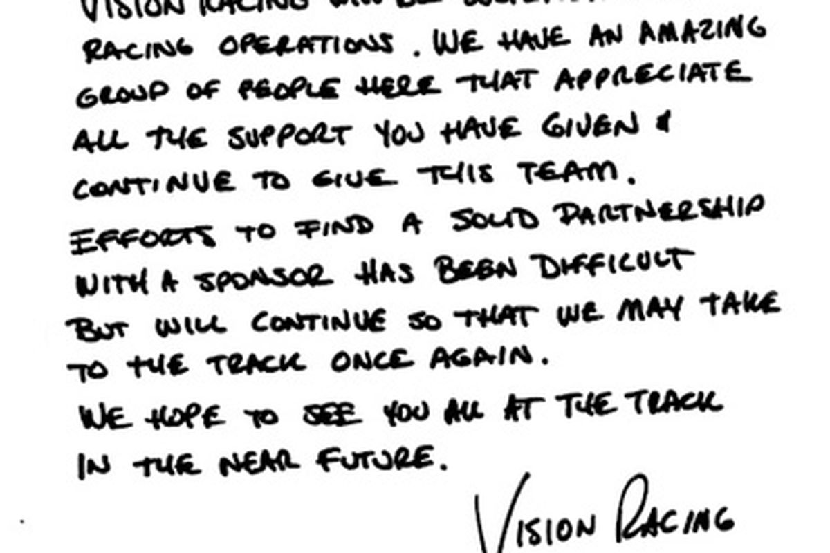 This letter appeared on Vision Racing's official website after the news that team operations were being suspended was confirmed by the Indy Star (Courtesy: Vision Racing)