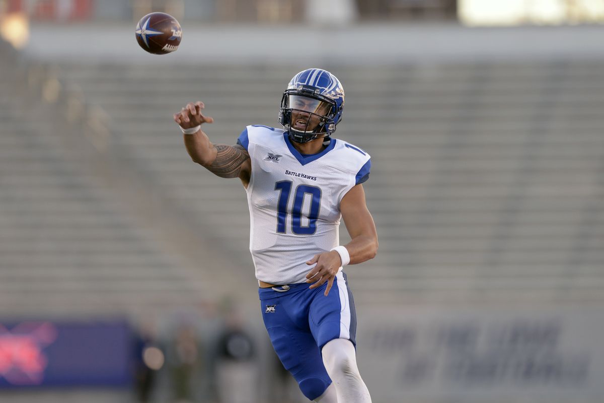 St. Louis BattleHawks quarterback Jordan Ta’amu throws the ball during practice.