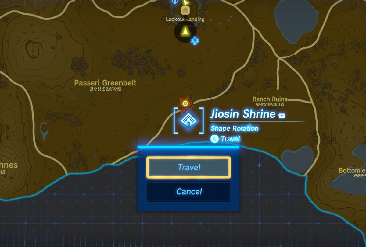 A map screenshot from Zelda: Tears of the Kingdom, with the cursor on Jiosin Shrine. There’s a popup asking if you want to travel.