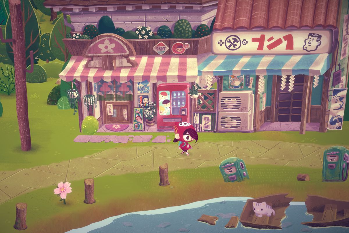 Mineko explores a seaside market in a screenshot from Mineko’s Night Market