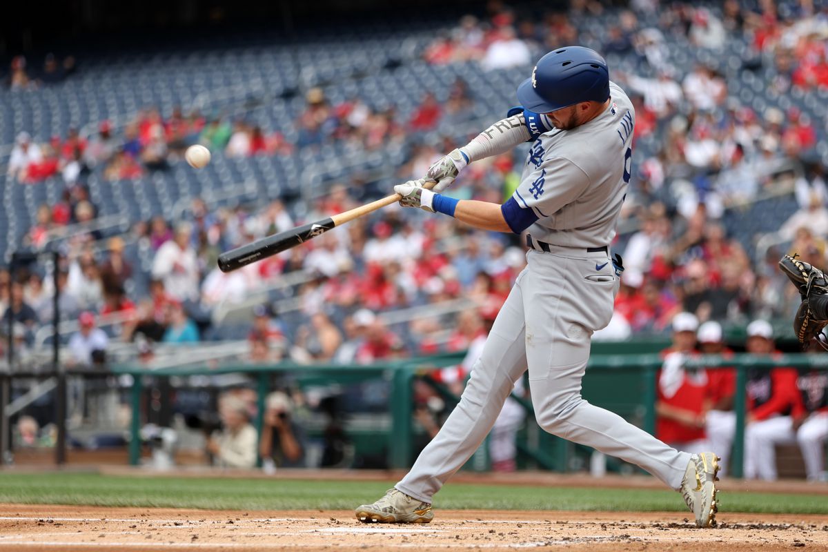 Gavin Lux #9 of the Los Angeles Dodgers bats during the game between the Los Angeles Dodgers and the Washington Nationals at Nationals Park on Wednesday, May 25, 2022 in Washington, District of Columbia.