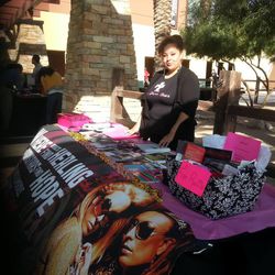 Jan (Meza) Villarrubia, (right) a former porn star-turned-Christian-anti-porn-activist with The Pink Cross Foundation, speaks with women outside of a Las Vegas Church in April to raise awareness about sex trafficking and exploitation within the adult entertainment industry.