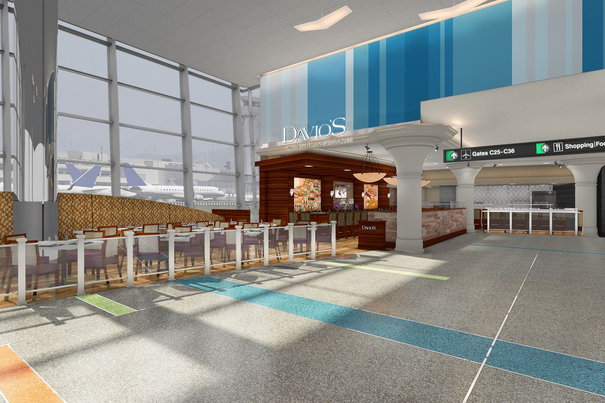 A rendering of Davio’s in Logan Airport’s Terminal C, with a bar and an additional dining area that spreads out into the terminal