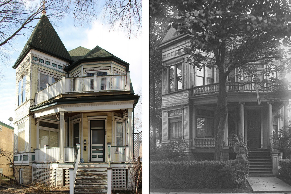 A photo of the same house then and now. One color photo next to a black and white photo.