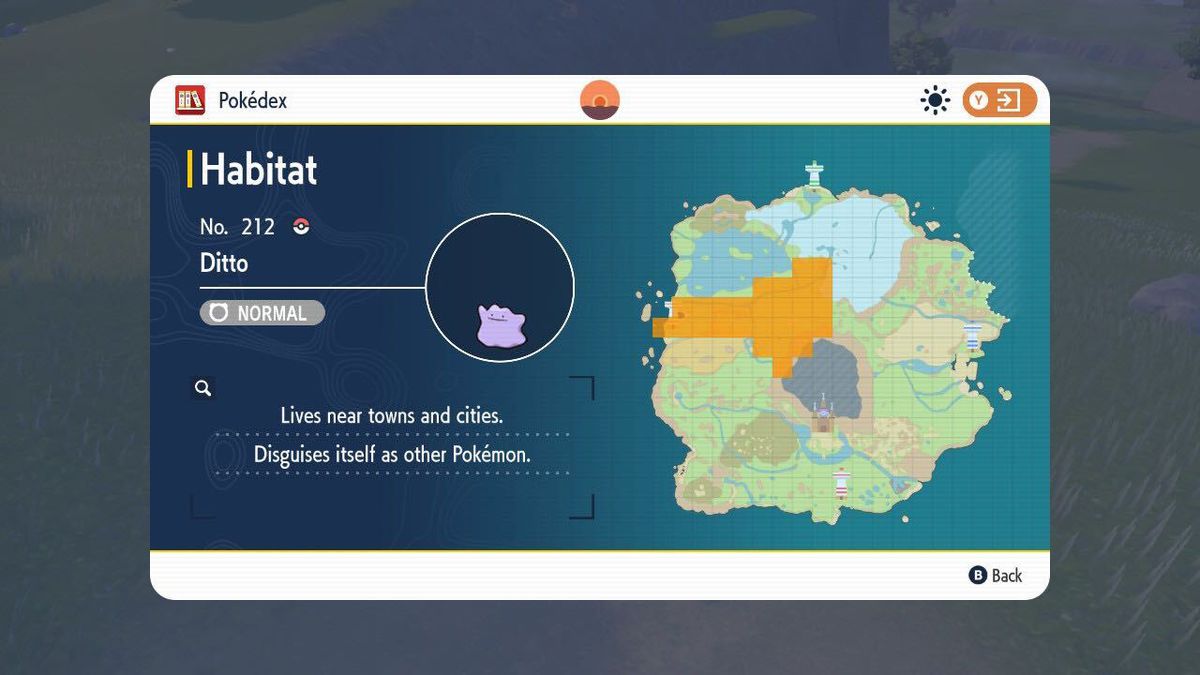 An image of a map from the Pokédex entry for Ditto in Pokémon Scarlet. The screen is titled “habitat” and it highlights one giant region in yellow where you can catch Ditto. The section spans both West Province Area (Three) and West Province Area (Two). 
