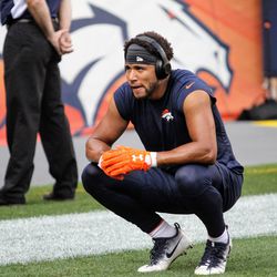 Broncos WR Jordan Leslie pauses for a moment during his pregame workout. 