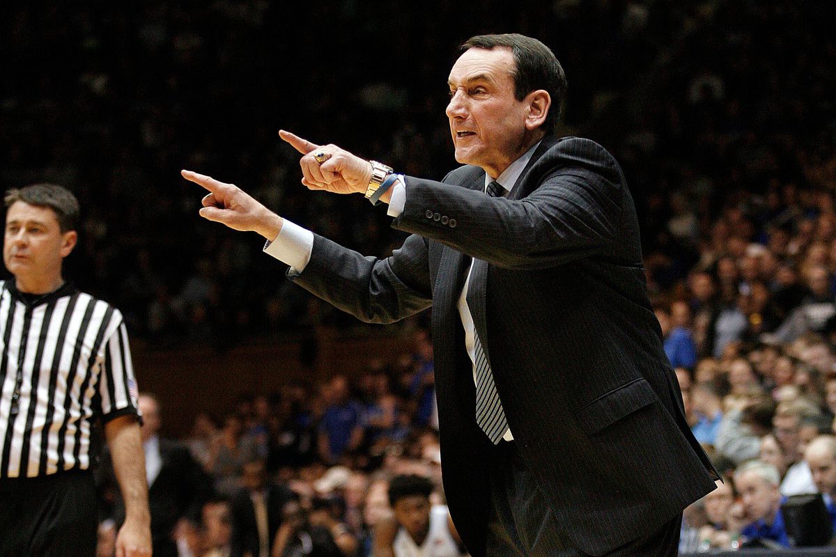 Jan 19, 2015; Durham, NC, USA; Duke Blue Devils head coach Mike Krzyzewski gives his team instructions in their game against the Pittsburgh Panthers at Cameron Indoor Stadium.