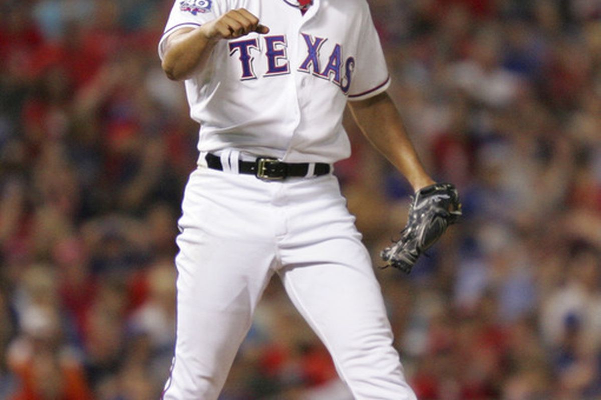 ARLINGTON, TX - JUNE 15: Yu Darvish #11 of the Texas Rangers reacts to closing out the eighth inning against the Houston Astros at Rangers Ballpark in Arlington on June 15, 2012 in Arlington, Texas. (Photo by Rick Yeatts/Getty Images)