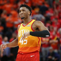 Utah Jazz guard Donovan Mitchell (45) misses a shot during the NBA playoffs in Salt Lake City on Saturday, April 20, 2019. The Jazz lost 104-101.