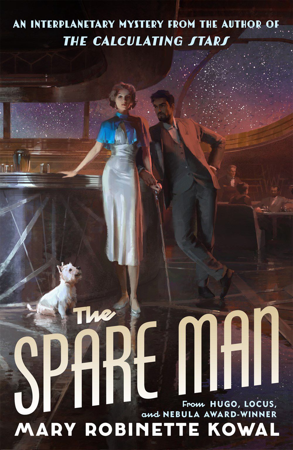 Cover image for Mary Robinette Kowal's The Spare Man, featuring two figures standing in front of a bar with a dog next to them