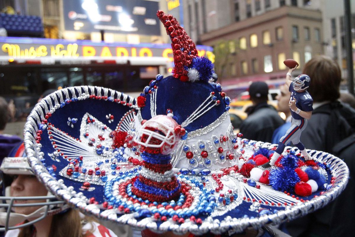 Apr 26, 2012; New York, NY, USA; A detail of a hat worn by New York Giants fan Eric Mabee before the 2012 NFL Draft at Radio City Music Hall. Mandatory Credit: Jerry Lai-US PRESSWIRE