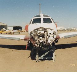 In this circa 1995 photo provided by the United States Attorney’s Office, Osama bin Laden’s damaged personal jet sits at an airport in Khartoum, Sudan. Testifying in the terrorism trial of Khaled al-Fawwaz, bin Laden’s former pilot-in-training, Ihab Mohammad Ali, explained that the aircraft had bad breaks and he crashed it at the end of the runway at Khartoum Airport when he was still training to use it. When Ali checked into having the aircraft repaired, he abandoned the project after finding out those repairs would exceed $1 million. 
