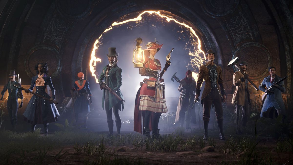 A crew of Realmwalkers emerge from a portal in the game Nightingale