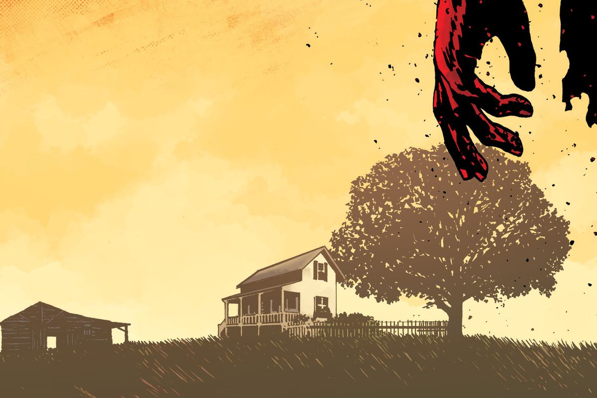 the cover of The Walking Dead #193, the final issue of the series: a zombie hand with a farmhouse in the background