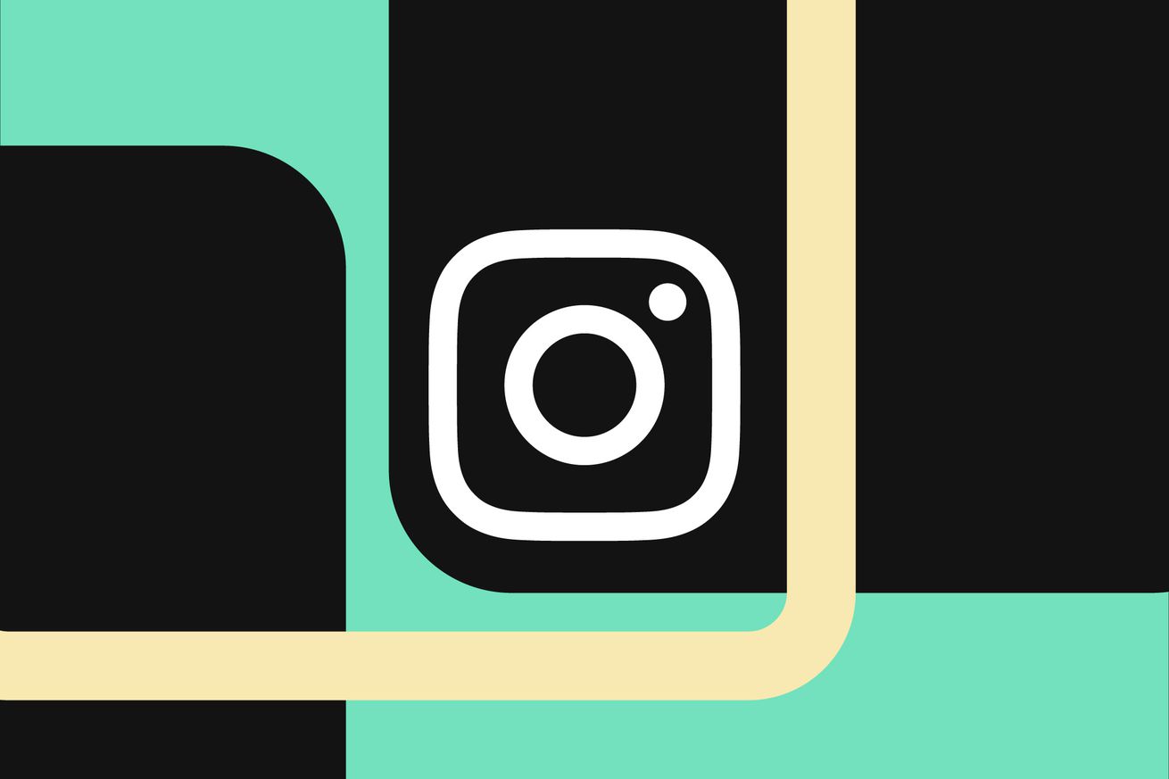 Instagram logo over green, black, and cream background