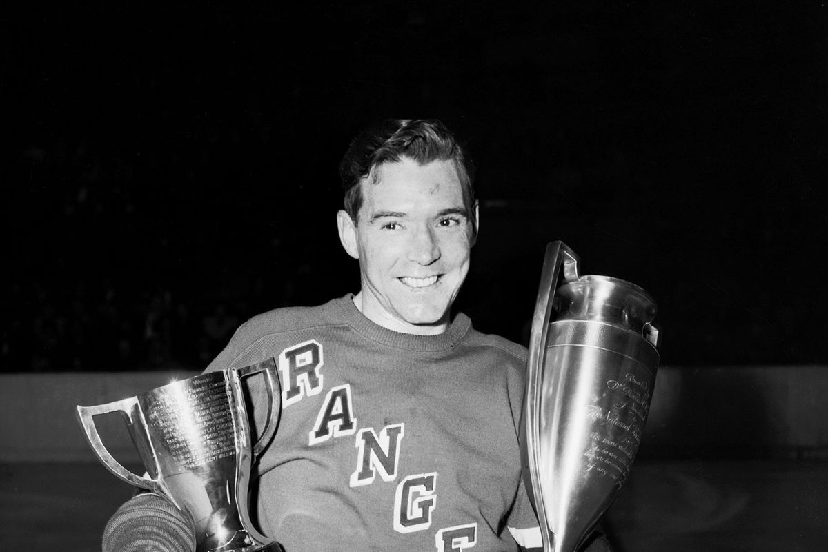 Buddy O’Connor of the New York Rangers with trophies that we