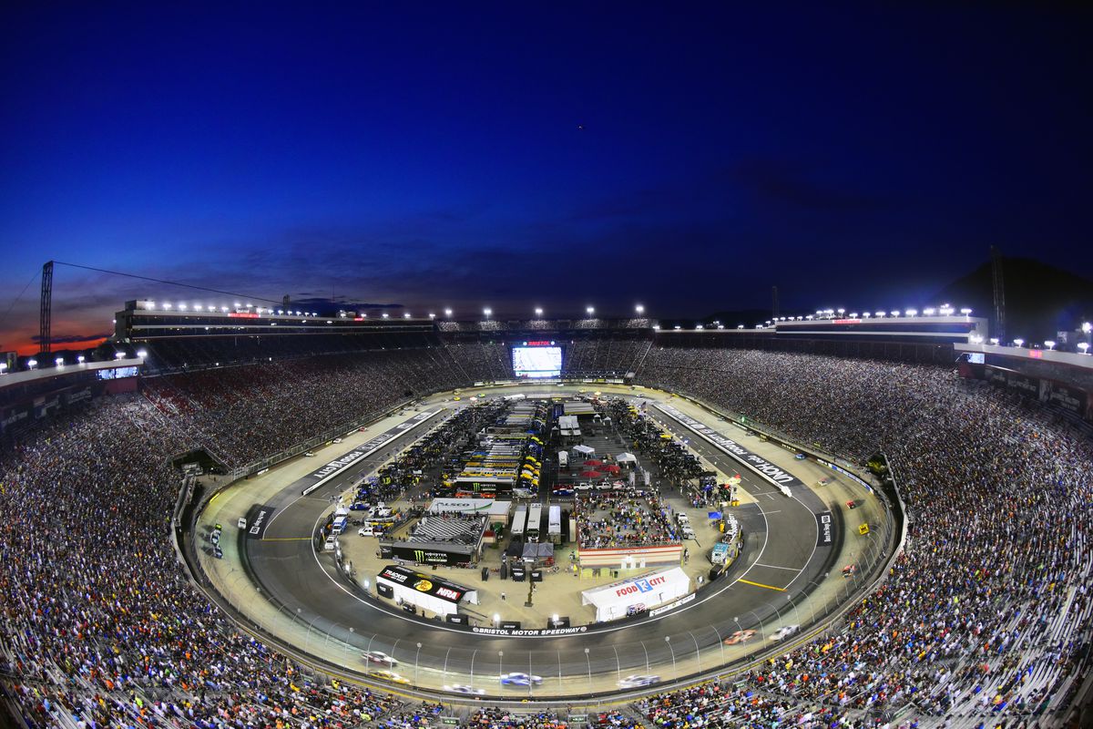 A general view of the action during the Monster Energy NASCAR Cup Series Bass Pro Shops NRA Night Race at Bristol Motor Speedway on August 17, 2019 in Bristol, Tennessee.