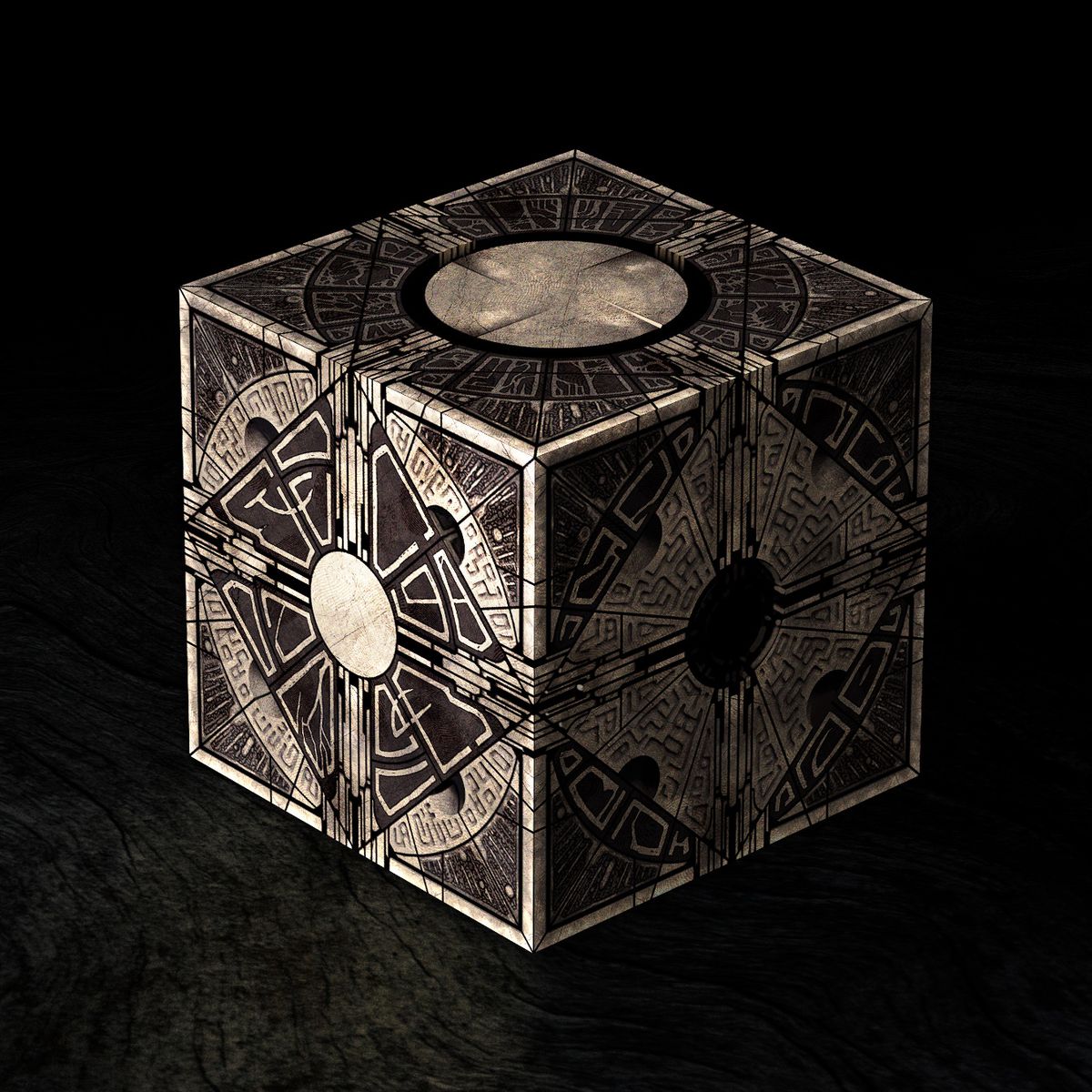 Concept art for the design of the “Lament Configuration” of the puzzle box from Hellraiser (2022), a black cube with a complex design etched in sliver.