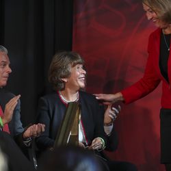 University of Utah President Ruth Watkins, right, thanks Karen Huntsman and the Huntsman family during a press conference at the U.’s Park Building in Salt Lake City on Monday, Nov. 4, 2019, where the Huntsman family announced a $150 million commitment to establish the Huntsman Mental Health Institute at the U. The funding, pledged over 15 years, will be used to support research, expand access to patient care and build awareness about mental health.