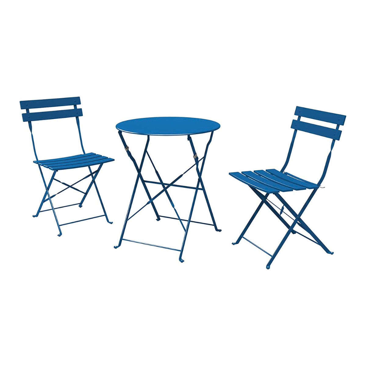 Set of two blue Grant patio bistro chairs and accompanying table