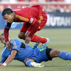 RSL's Robbie Findley cries in pain after a collision with San Jose's Jason Hernandez in an MLS game between Real Salt Lake and San Jose at Rio Tinto Stadium in Sandy on Saturday, June 1, 2013. RSL beat the Earthquakes 3-0.