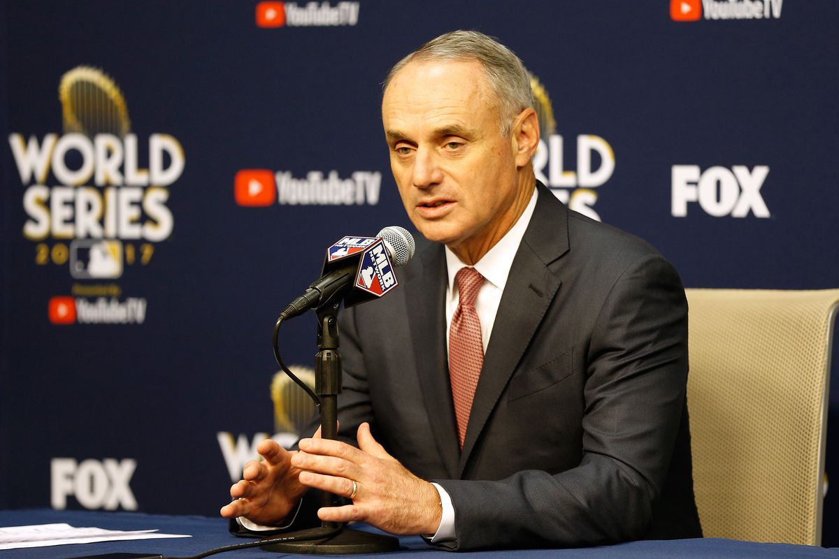 Major League Baseball Commissioner Rob Manfred speaks during a press conference