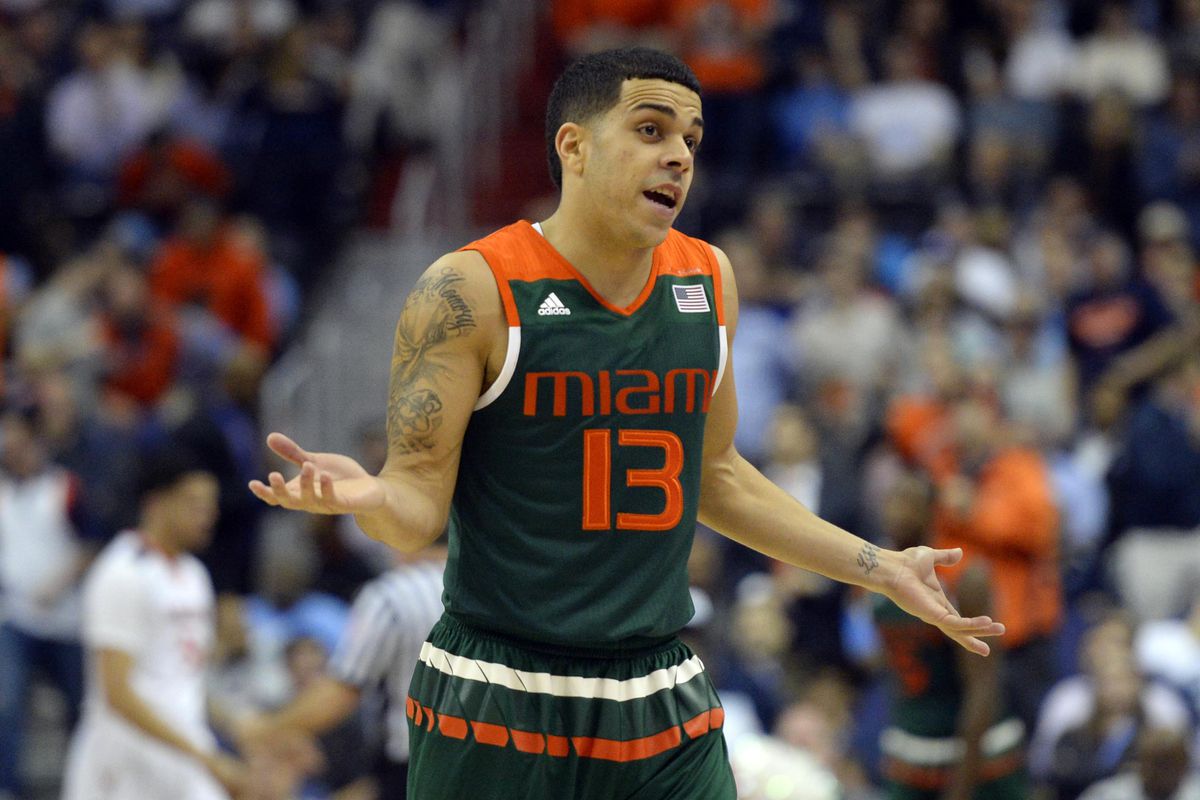 Mar 11, 2016; Washington, DC, USA; Miami Hurricanes guard Angel Rodriguez (13) reacts after being called for a foul in the second half against the Virginia Cavaliers during semi-finals of the ACC conference tournament at Verizon Center. 