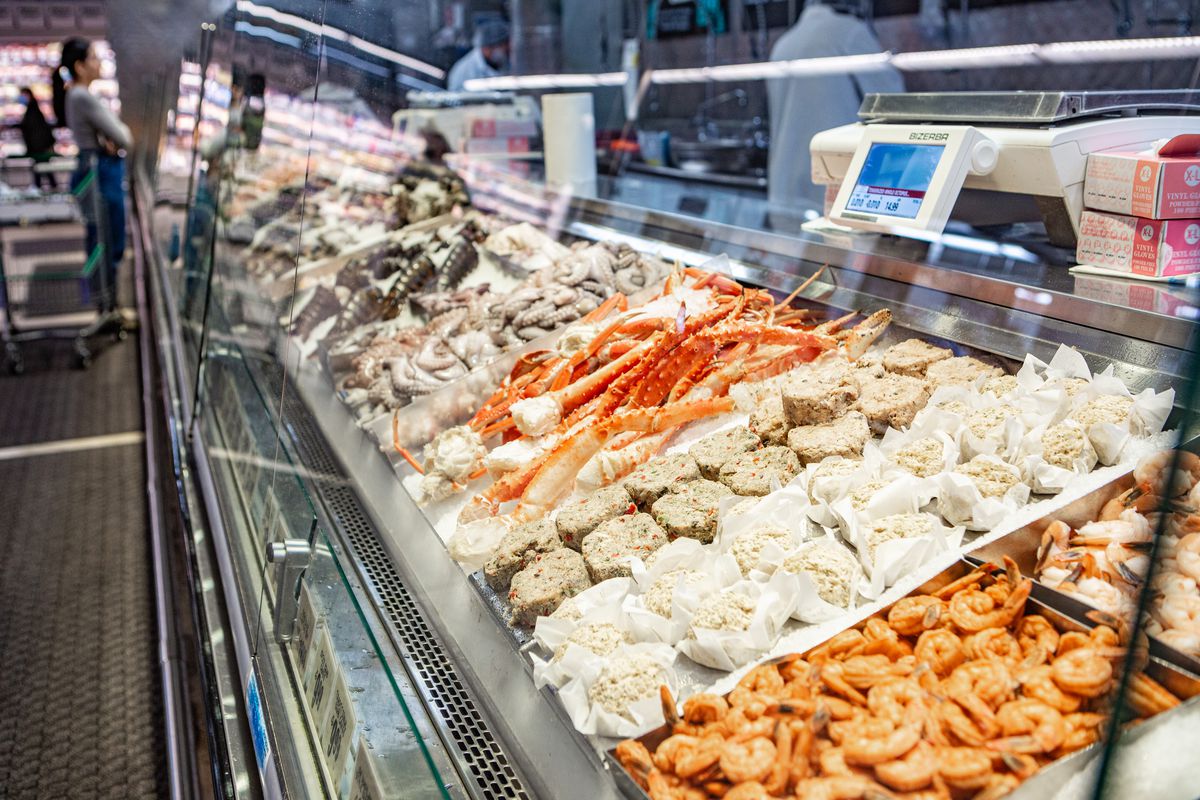 A seafood counter at a supermarket.