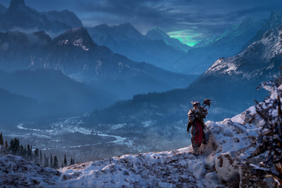 A player character in The Elder Scrolls Online stands on a mountaintop looking out into the opening valley from The Elder Scrolls 5, upscaled with CGI. From the teaser trailer for The Elder Scrolls Online expansion, The Dark Heart of Skyrim.