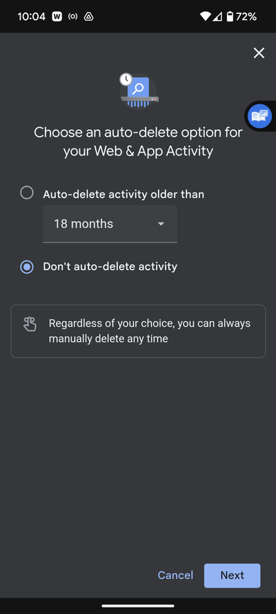 Mobile screen headed Choose an auto-delete option for your Web &amp; App activity.