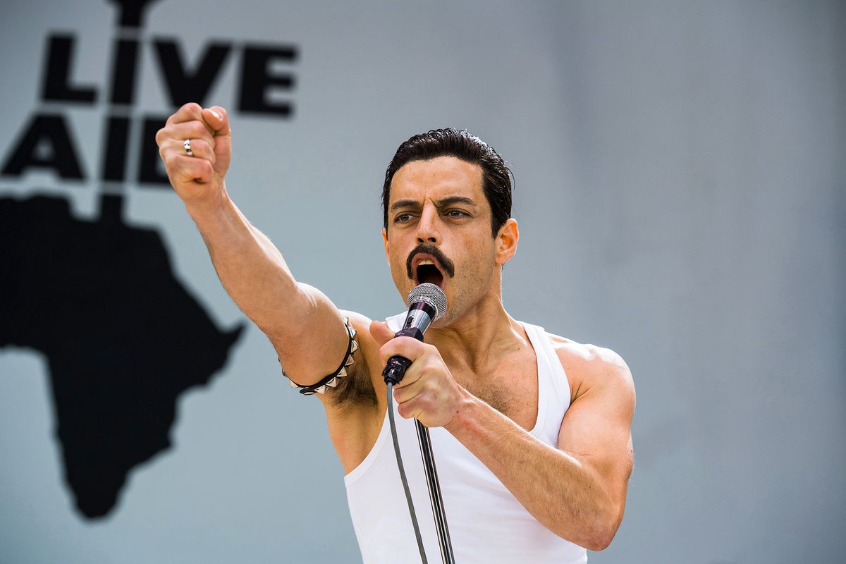 Rami Malek plays Freddie Mercury in Bohemian Rhapsody, which is up for Best Picture at the Oscars.