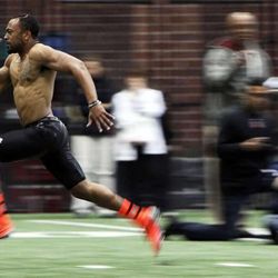 Reggie Dunn runs a 40 during Utah Pro Day in this Wednesday, March 20, 2013 file photo. Dunn signed an NFL free agent deal with the Pittsburgh Steelers.
