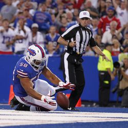 Aug 16, 2013; Orchard Park, NY, USA; Buffalo Bills defensive end Jamie Blatnick (58) recovers a Minnesota Vikings fumble for a touchdown during the second quarter at Ralph Wilson Stadium. 