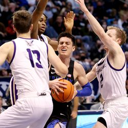 Brigham Young Cougars guard Alex Barcello (13) take the ball to the hoop BYU and Westminster play at the Marriott Center in Provo on Wednesday, Dec. 29, 2021. BYU won 65-53.