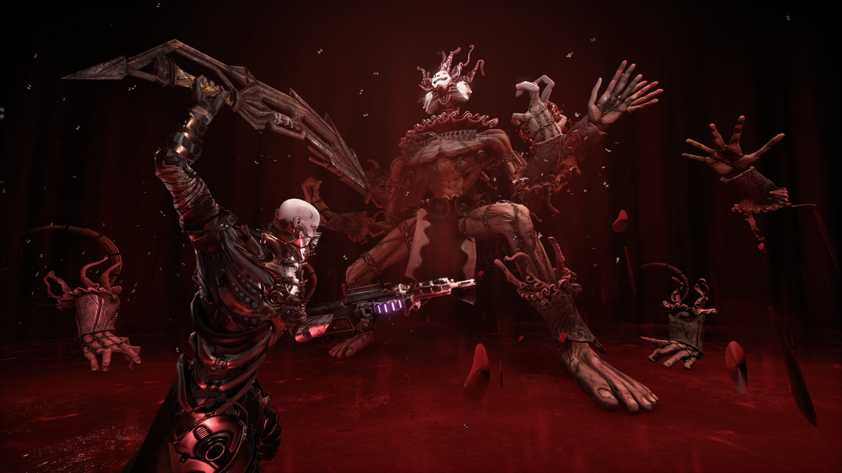 Hellpoint man using a sword to fight a multi-limbed boss