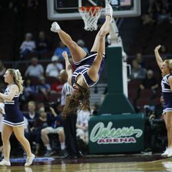 Brigham Young Cougars cheerleaders perform during the WCC tournament in Las Vegas Saturday, March 5, 2016. BYU won 72-60. 