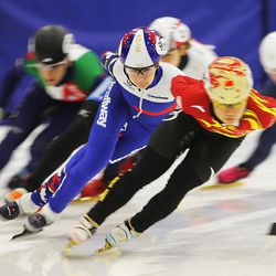 Ekaterina Efremenkova of Russia eyes the ice in front of her as she and other competitors take part in World Cup Short Track speedskating at the Kearns Olympic Oval on Sunday, Nov. 13, 2016.