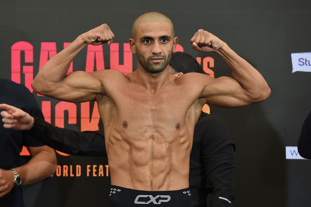 Kid Galahad weighs in on August 6, 2021 in Brentwood, England during his weigh in ahead of his fight against James Dickens for the Vacant International Featherweight Title fight.