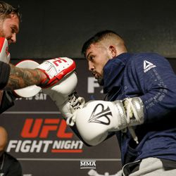 Mike Perry shows off his hands at the UFC Denver open workouts.