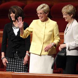 From left, Sister Jean A. Stevens, Sister Rosemary M. Wixom and  Sister Cheryl A. Esplin leave the afternoon session of the 183rd Annual General Conference of The Church of Jesus Christ of Latter-day Saints in the Conference Center in Salt Lake City on Sunday, April 7, 2013. 
