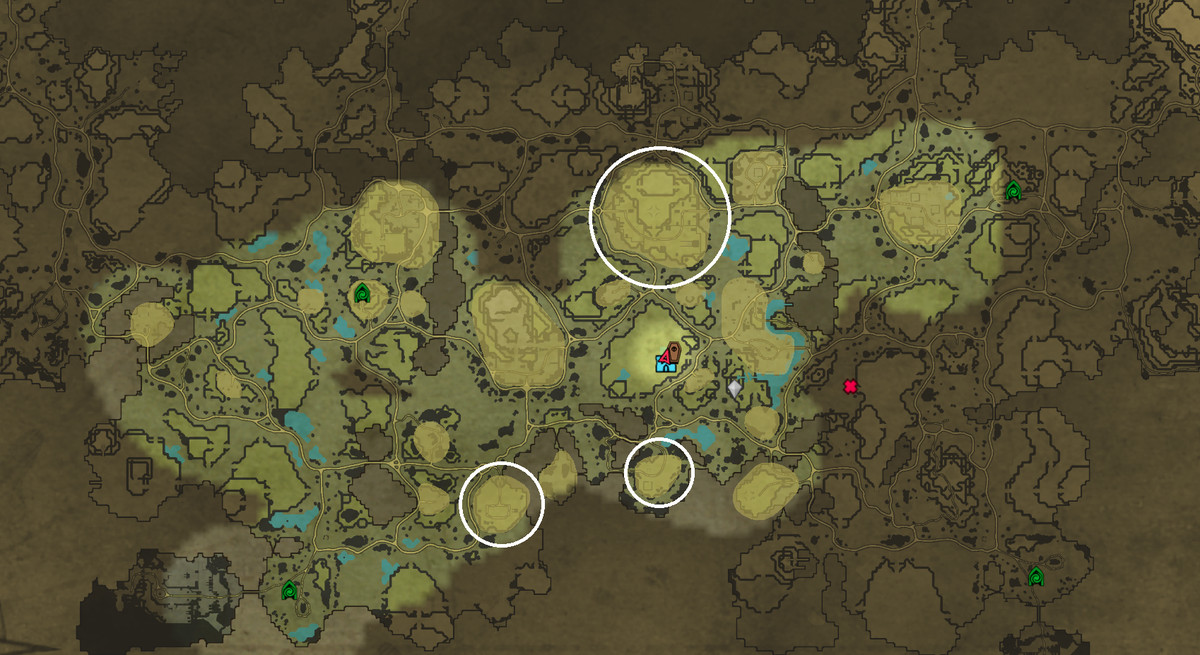 A map showing where to find Bone and Grave Dust in V Rising