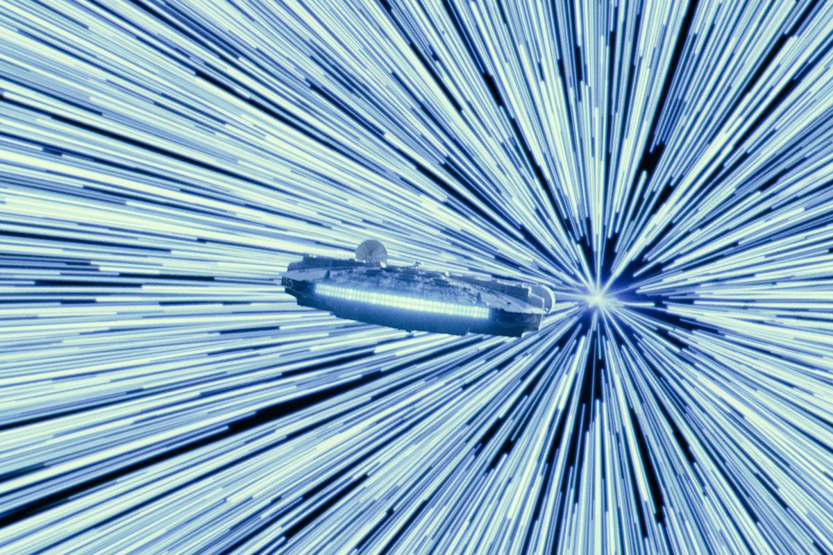 The Millennium Falcon warps into hyperdrive in a still from Star Wars: The Rise of Skywalker
