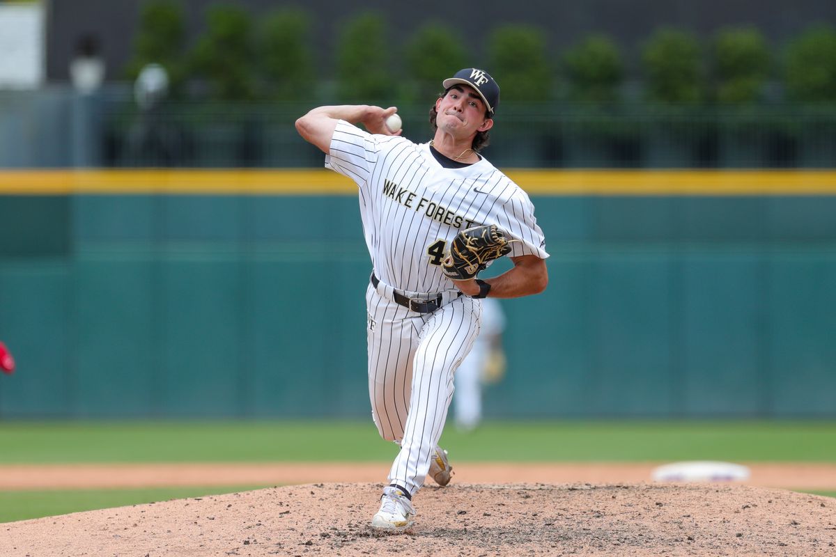 Reed Mascolo of the Wake Forest Demon Deacons pitches the ball during the ACC Baseball Championship Tournament between the Wake Forest Demon Deacons and NC State Wolfpack on May 24, 2022, at Truist Field in Charlotte, NC.