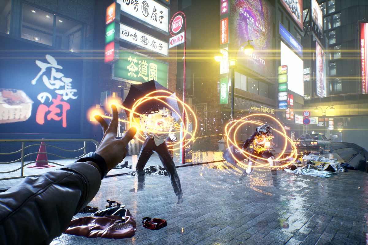 The player fires magic beams at enemies in a screenshot from GhostWire: Tokyo