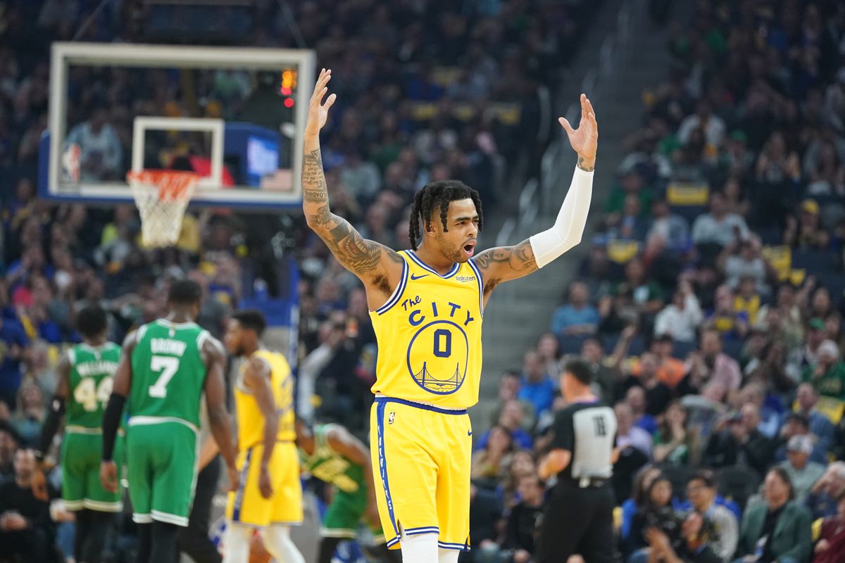 Golden State Warriors guard D’Angelo Russell celebrates against the Boston Celtics during the first quarter at Chase Center.
