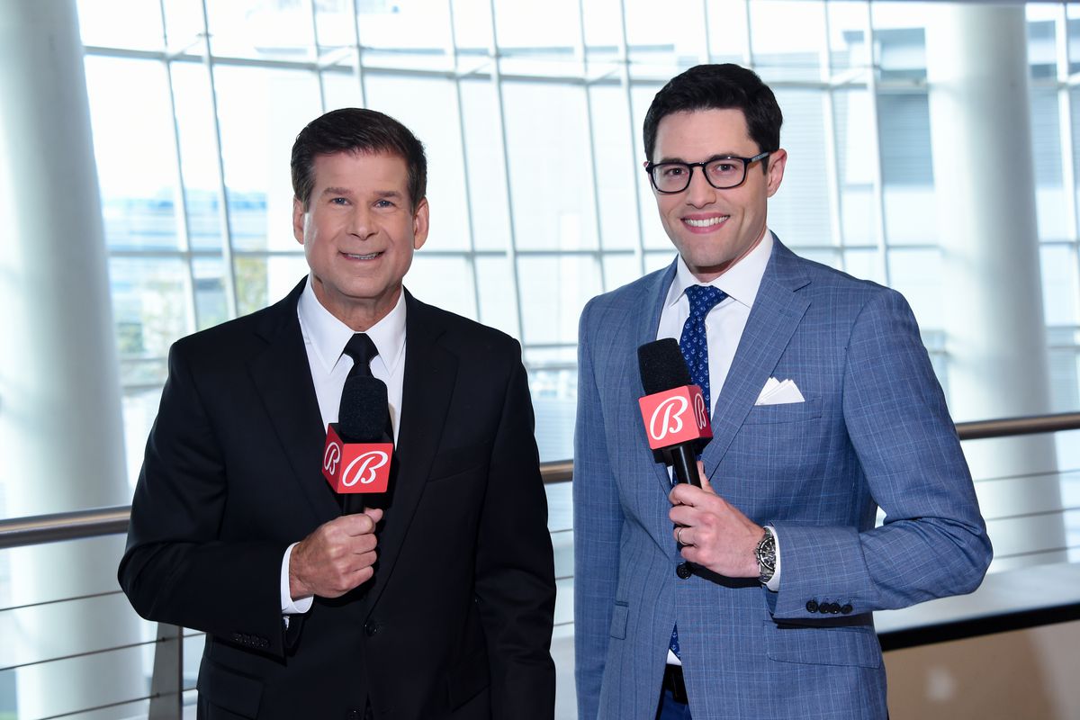 Jim Fox and Alex Faust pose for a photo prior to the game between Los Angeles Kings and the Minnesota Wild at STAPLES Center on April 23, 2021 in Los Angeles, California.