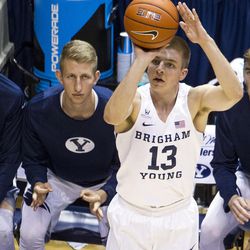 Brigham Young guard Colby Leifson (13) lines up a 3-point shot during an NCAA college basketball game against Coppin State in Provo on Thursday, Nov. 17, 2016.